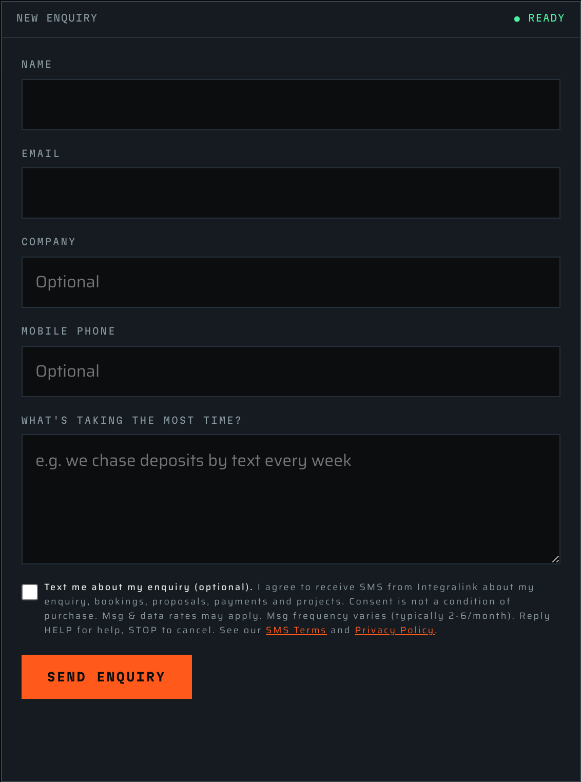 The Integralink enquiry form: name, email, company, optional mobile phone and message fields, then an unticked optional checkbox with the SMS consent wording and links to the SMS Terms and Privacy Policy.